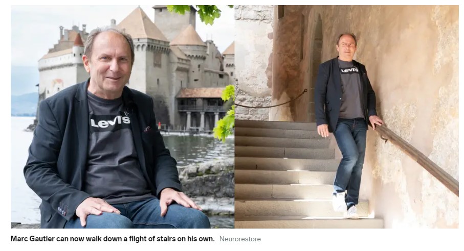 Two side by side photos, one where man is sitting, the other is the man walking down stairs